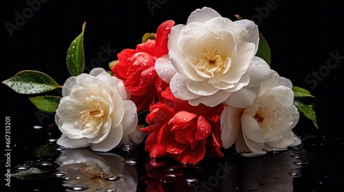 Beautiful white and red camellia flowers on a black background. Camellia Flower. Mother's day concept with a space for a text. Valentine day concept with a copy space.