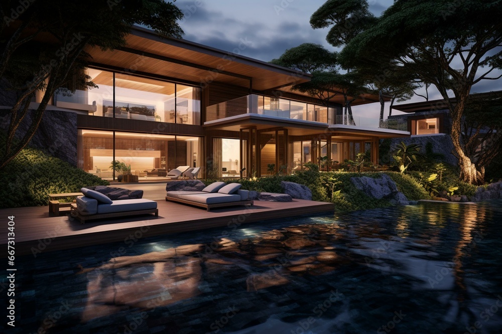 Fototapeta premium Sophisticated contemporary villa blending with nature for a serene retreat as night descends. Generative AI