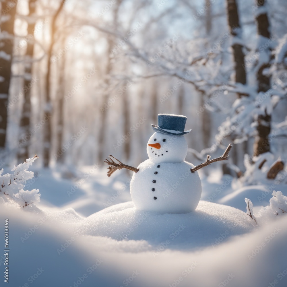 Obraz premium A Cute snowman on a snowy area and bokeh snow background