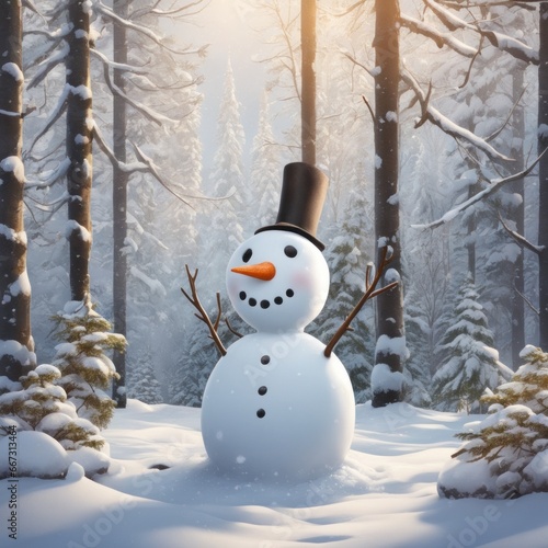 A Cute snowman on a snowy area and bokeh snow background