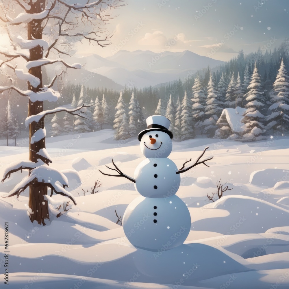 Obraz premium A Cute snowman on a snowy area and bokeh snow background
