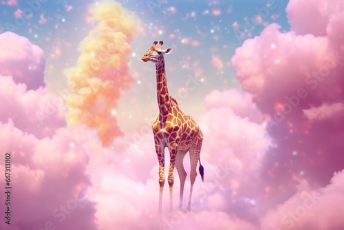 a giraffe standing in the sky on a cloud,, Generative Ai