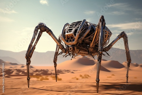 Fototapeta Realistic robotic arachnid in a regional landscape background