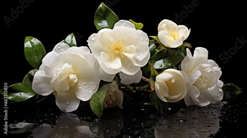 Beautiful white camellia flowers on a black background with water drops. Camellia Flower. Mother's day concept with a space for a text. Valentine day concept with a copy space.