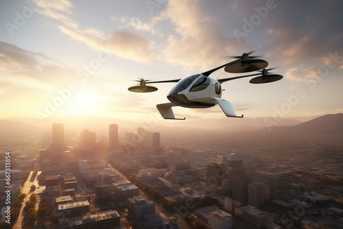 EVTOL flying over city. Generative AI