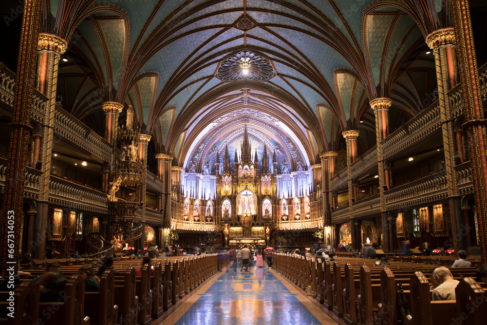 Beautiful view of the interior in the Notre-Dame Basilica of Montreal in Montreal, Canada