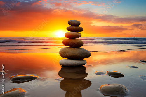Stones balance on the sunset sea background