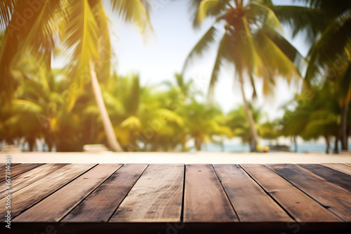 Background with empty wooden table with unfocused palm trees and blue sea  products summer