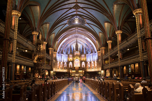 Beautiful view of the interior in the Notre-Dame Basilica of Montreal in Montreal, Canada
