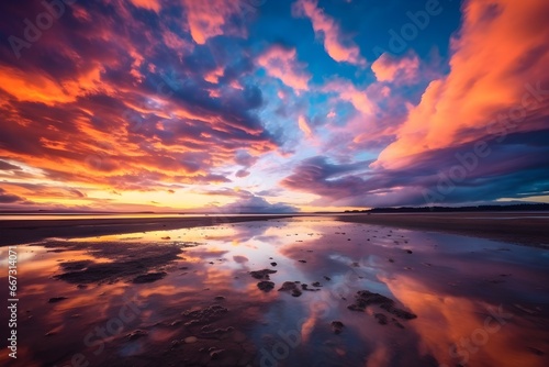 Colorful sunset sky with reflection on the water