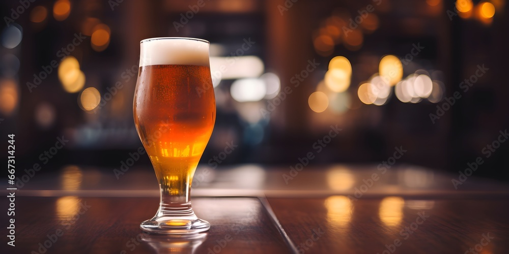 Wooden table with glass of beer, bokeh background of pub or restaurant