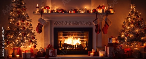 Cozy fireplace with traditional, seasonal christmas decoration.