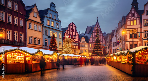 Christmas metropolis, Festive town, Christmas town decorated, Winter celebration locale, December destination, Banner size, Evening time, winter holidays concept