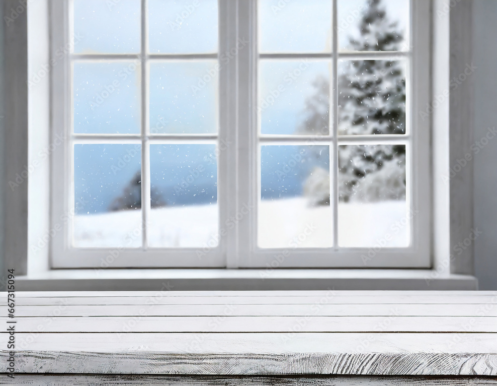 Empty table and winter window in background Empty table and winter window in background