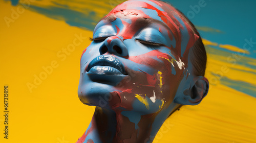 A woman with colorful paint covering her face