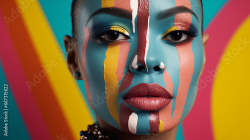 A woman with colorful paint covering her face