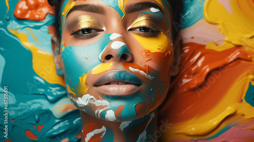 A woman with colorful paint covering her face