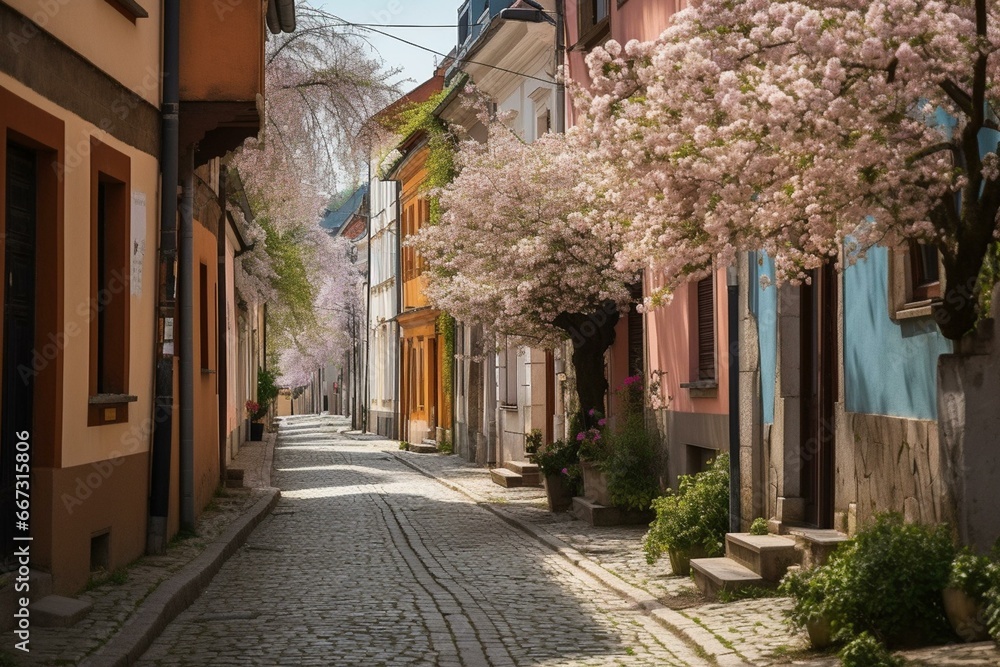 Blossoming streets in historic town. Generative AI
