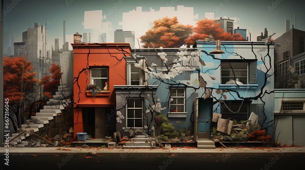  3D rendering of a home wall transformed into a cinematic urban street art scene.