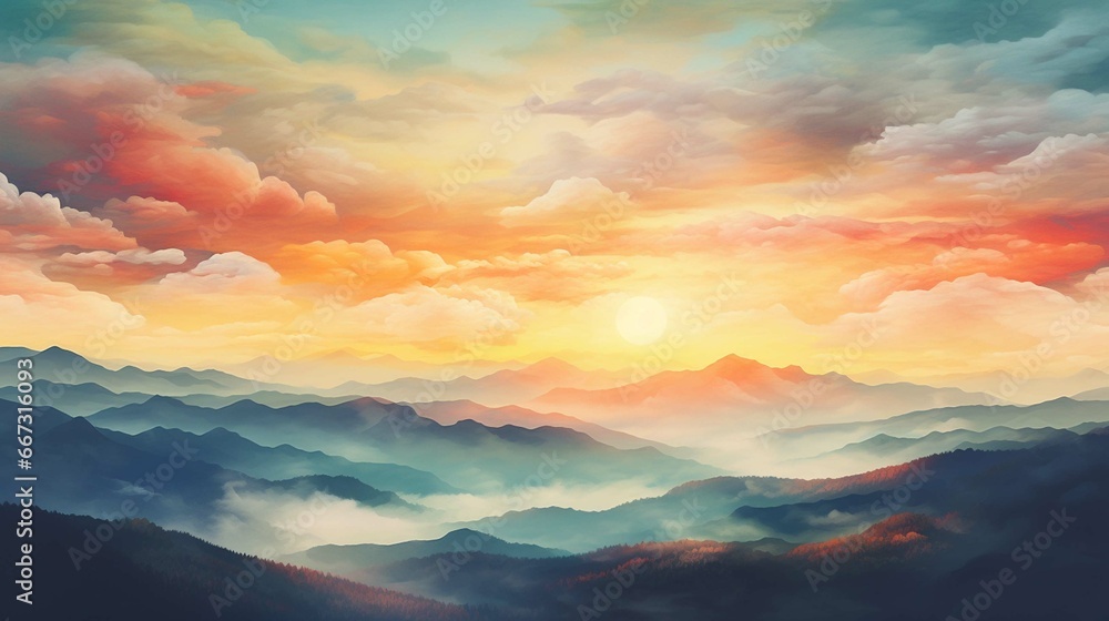 Autumn sunrise cloudy sky over mountains. Abstract colorful peaceful sky background 