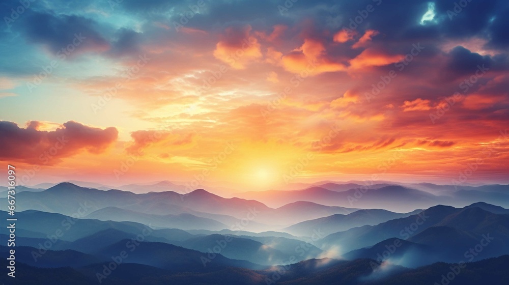 Autumn sunrise cloudy sky over mountains. Abstract colorful peaceful sky background 