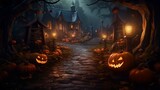 A witch's cottage nestled deep in a dark woods, with glowing pumpkins lining the path. 4k 