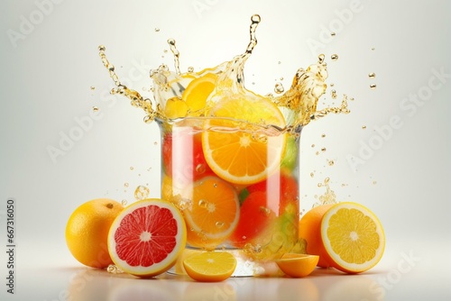 Refreshing citrus fruit juice with a swirling splash. Variety of citrus fruits - tangerine  lemon  orange  pineapple  mandarin  peach  and mango in a glass spiral. Healthy and vibrant. Generative AI