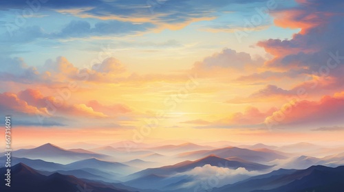 Autumn sunrise cloudy sky over mountains. Abstract colorful peaceful sky background 