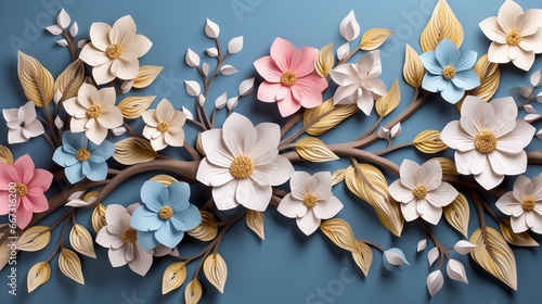Elegant colorful 3D flowers with leaves on a tree illustration background. 3D abstraction wallpaper for Interior mural painting wall art decor.