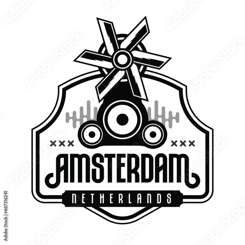 Amsterdam vector logo windmill with speakers music production shield or logo