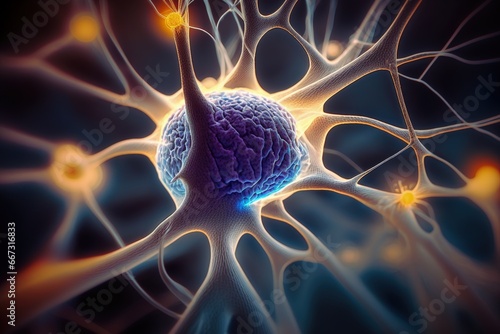 Close up of human brain showing neurons firing and neural extensions, limbic system Mammillary pituitary gland, amygdala thalamus, cingulate gyrus, corpus callosum, hypothalamus. photo