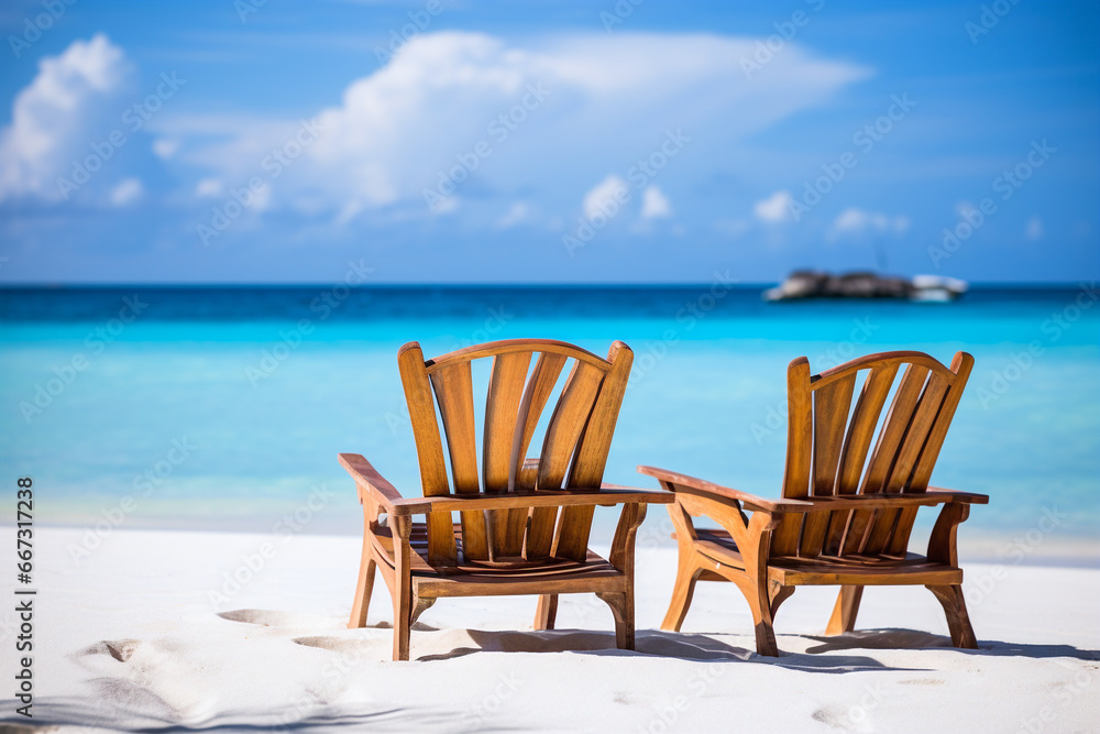 two wooden chairs in a tropical beach environment - generative AI