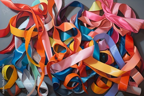 various vibrant ribbons on a neutral surface, wrapped with a light ribbon and framed with a border. Generative AI