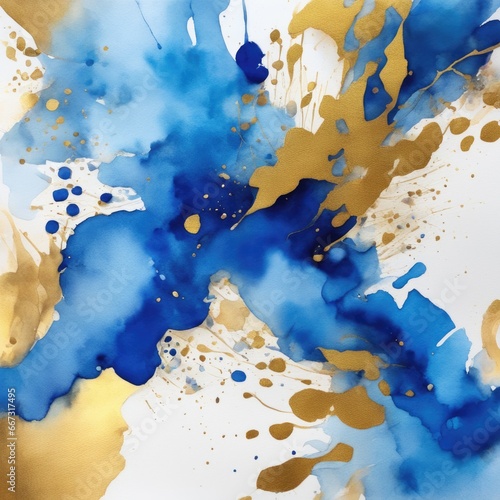 Blue and metallic gold watercolor on a white background. The color splashes on the paper background