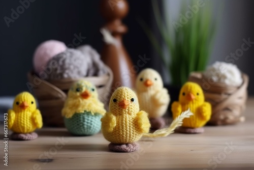 adorable Easter decorations with cute knitted chicks. Generative AI © Briseis
