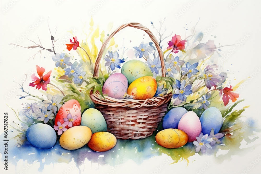 A continuous watercolor border featuring colorful Easter eggs and baskets. Generative AI