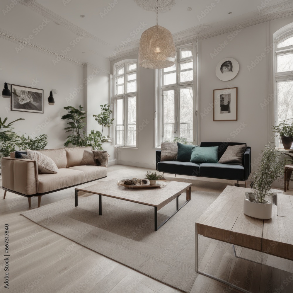 Fototapeta premium Living room in a bright modern house open floor plan minimalist style.
