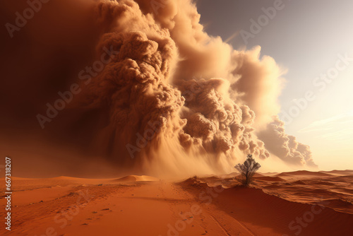 Dust storm overtaking desert landscape. photo