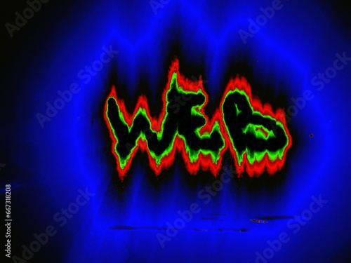 Glowing inscription web. On a black background, the word in English is handwritten with colored neon lines. The black letters glow green-red around the edges, with a blue halo around them. photo