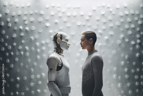 Generative AI illustration of human woman stands face-to-face with her cyborg counterpart against a textured backdrop with raised circular elements photo