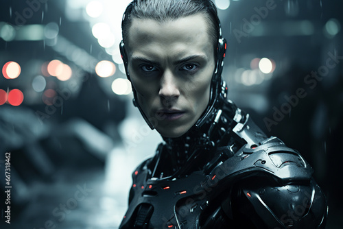 Generative AI illustration of determined male cyborg stands in a rain soaked city street at night illuminated by the soft glow of distant lights photo