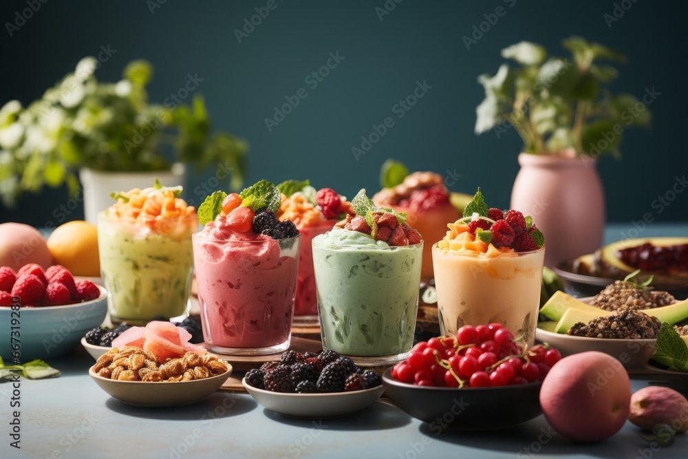 raw food meal on a table, fruit and vegetables, healthy eating, smoothies
