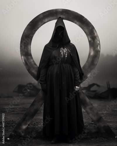 A dark atmospheric portrayal of a hooded figure standing in front of a large circular emblem in a foggy landscape. Generative AI. photo