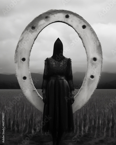A haunting grayscale scene portraying a cloaked figure standing within a giant, distressed oval frame in a vast field. Generative AI. photo