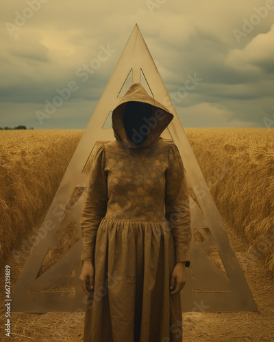 An enigmatic figure stands in vast golden fields, her face concealed within a geometric triangular shroud, emanating an air of mystery. Generative AI. photo