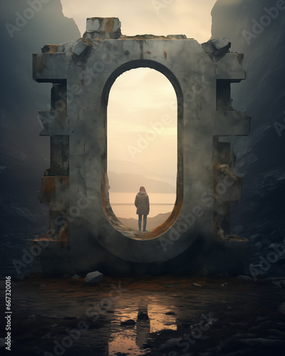 A lone figure stands framed by a monumental portal amidst a moody, misty landscape, masterfully created via Generative AI. photo
