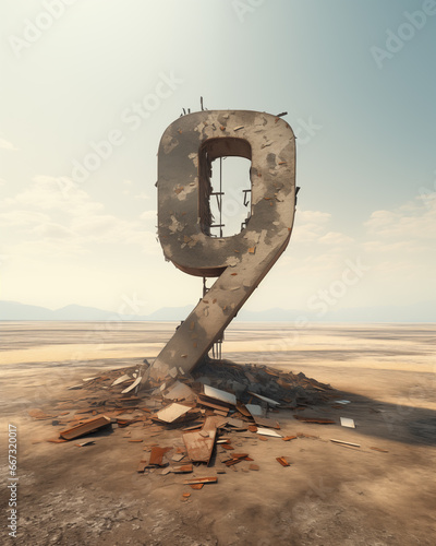 A vast desert horizon frames an abandoned structure shaped like the number nine, crafted uniquely by Generative AI. photo