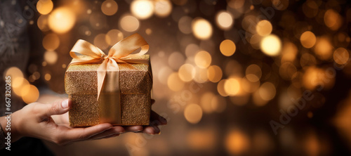 Female hands with Christmas gift box with bokeh, banner © aamulya