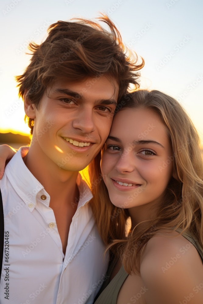Love vibe couple on a holiday, South America, calm river at sunset Love vibe couple on a holiday, South America, calm river at sunset