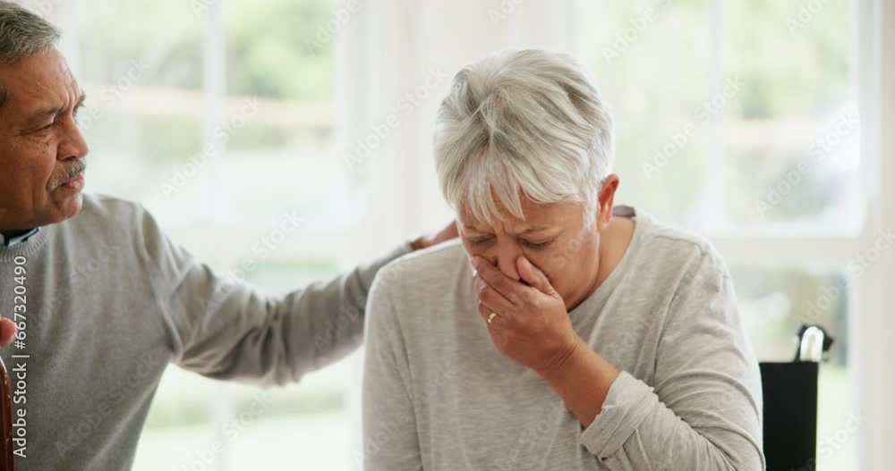 Sick senior woman, cough and support from man in home care facility